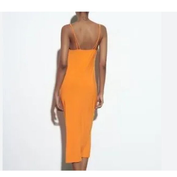Zara Dress Women's Draped Neckline Fitted Slip Fit Vibrant Orange Summer Dress M - Picture 2 of 12
